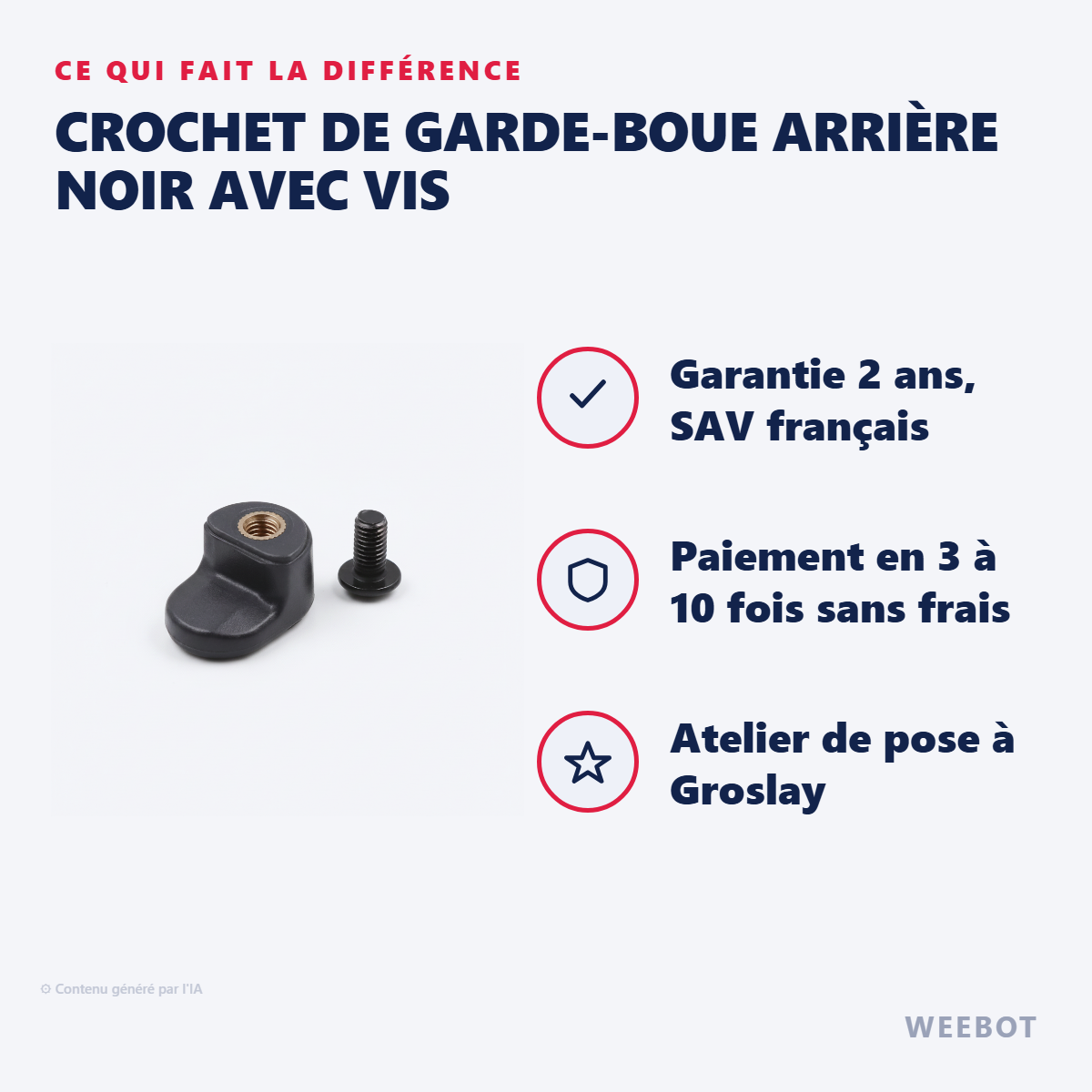 Crochet de Garde-Boue Arrière Noir avec Vis : les points forts