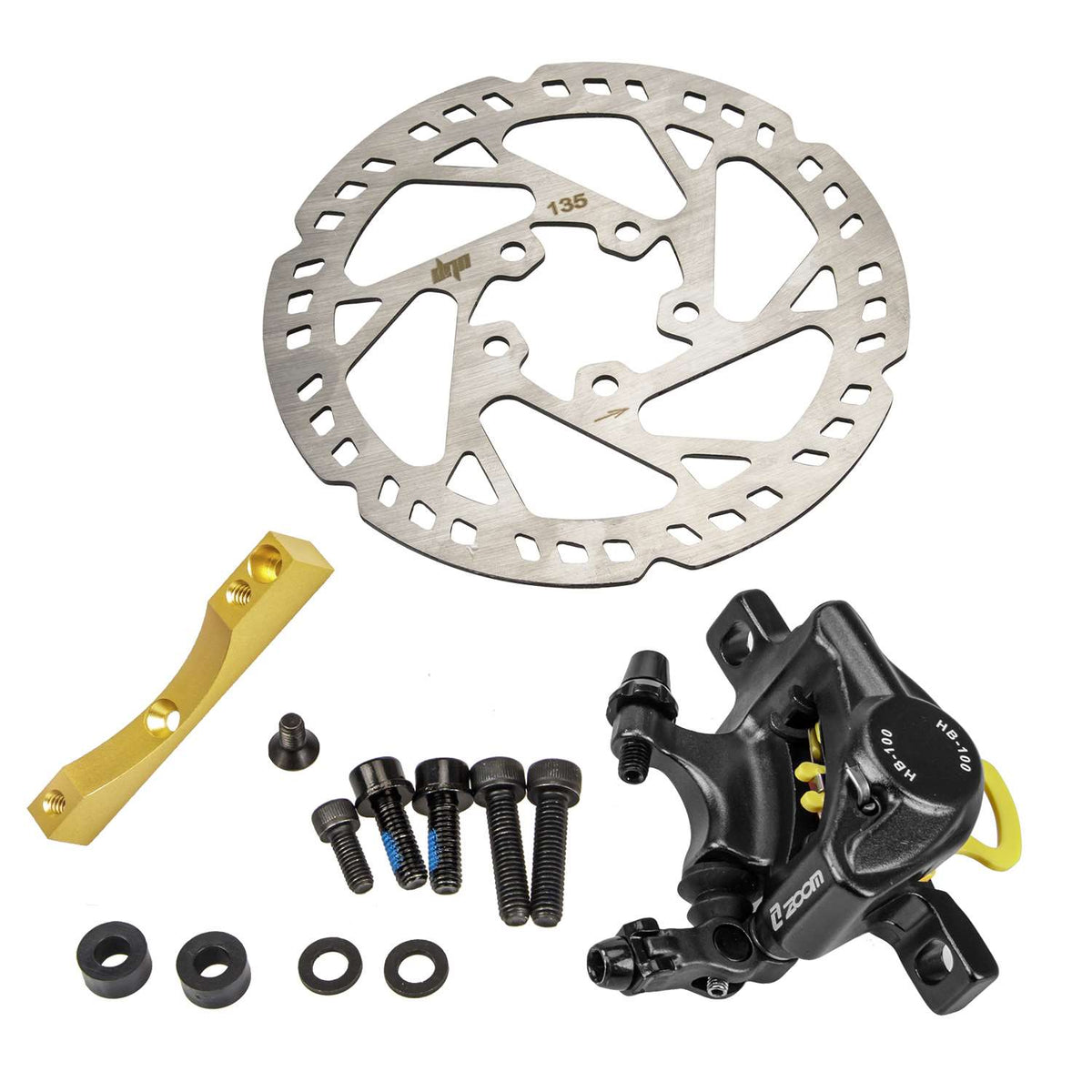 Kit de frein semi-hydraulique Xtech HB100 comprenant étrier, disque 135mm, adaptateur doré et visserie