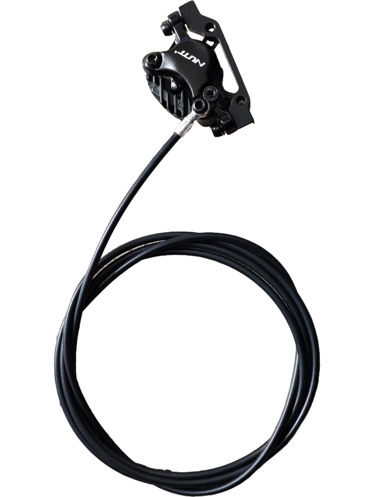 Étrier de frein hydraulique arrière noir de marque NUTT relié à sa durite