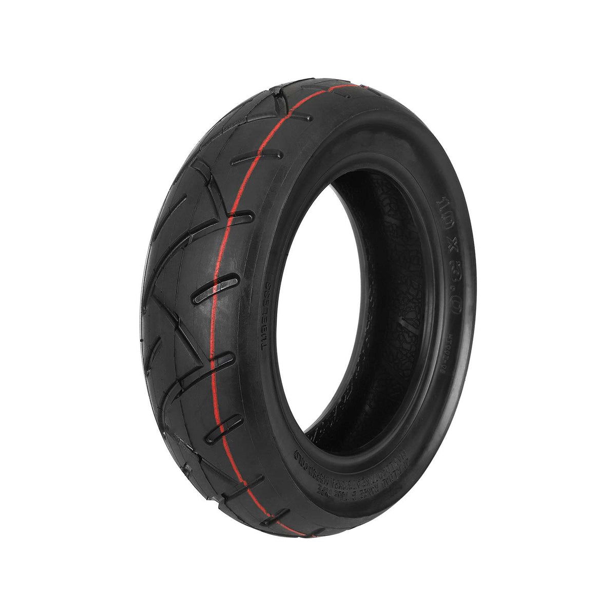 Pneu tubeless route 10 pouces noir avec filet rouge vu de trois-quarts