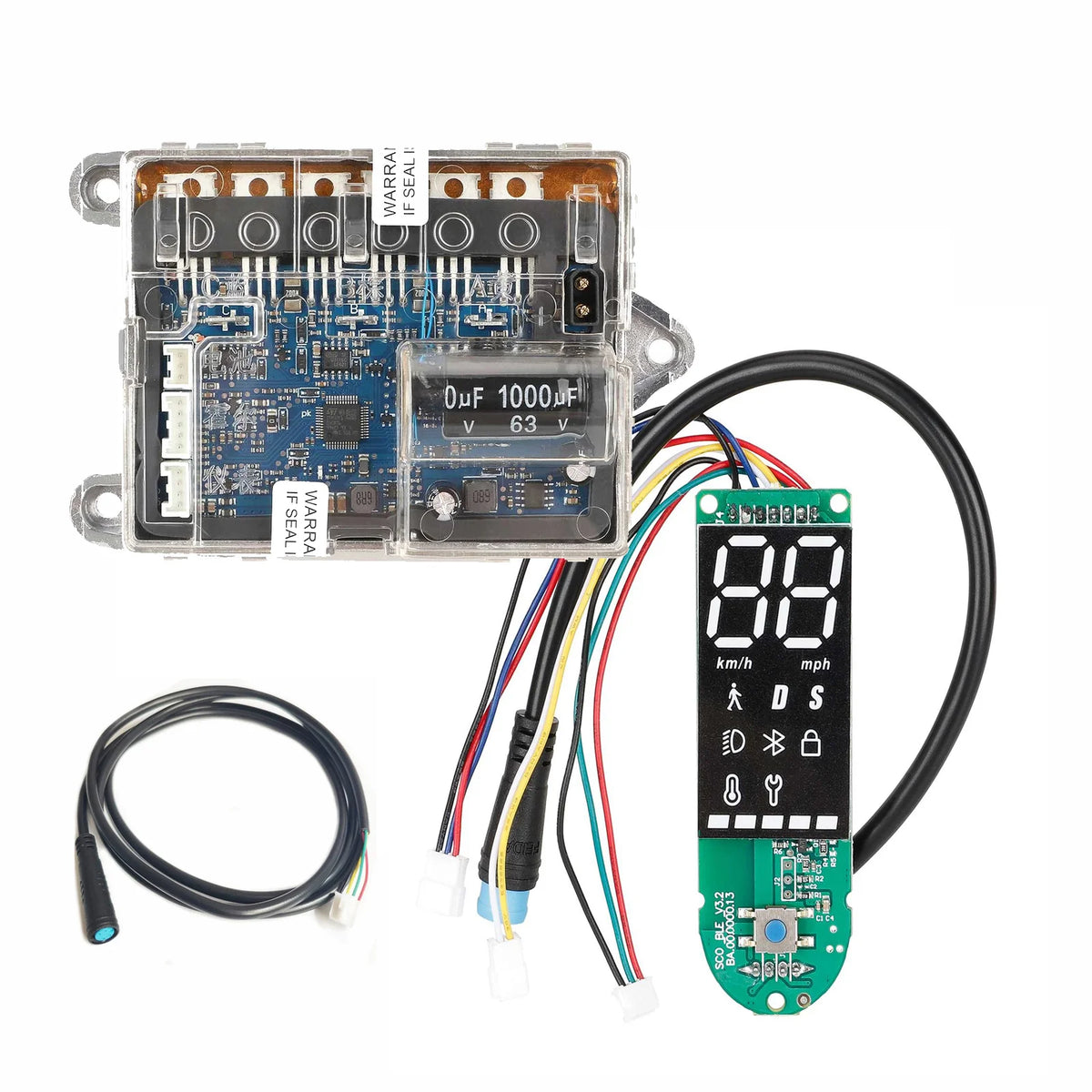 Kit composé d'un contrôleur avec boîtier transparent, d'une carte d'affichage Bluetooth et d'un câble de connexion