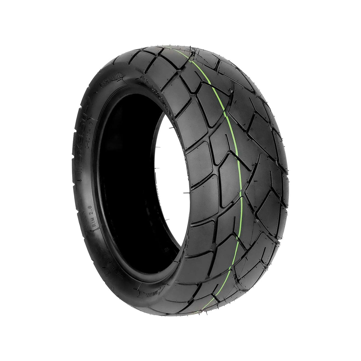 Pneu tubeless CST 11,5 pouces noir auto-réparant avec filet vert vu de trois-quarts