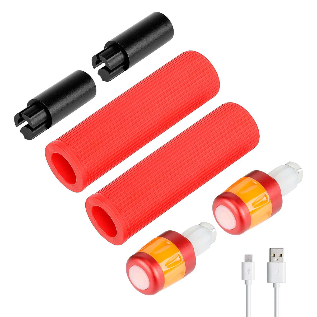 Kit de poignées en silicone rouge, rallonges noires et embouts lumineux de guidon rechargeables USB