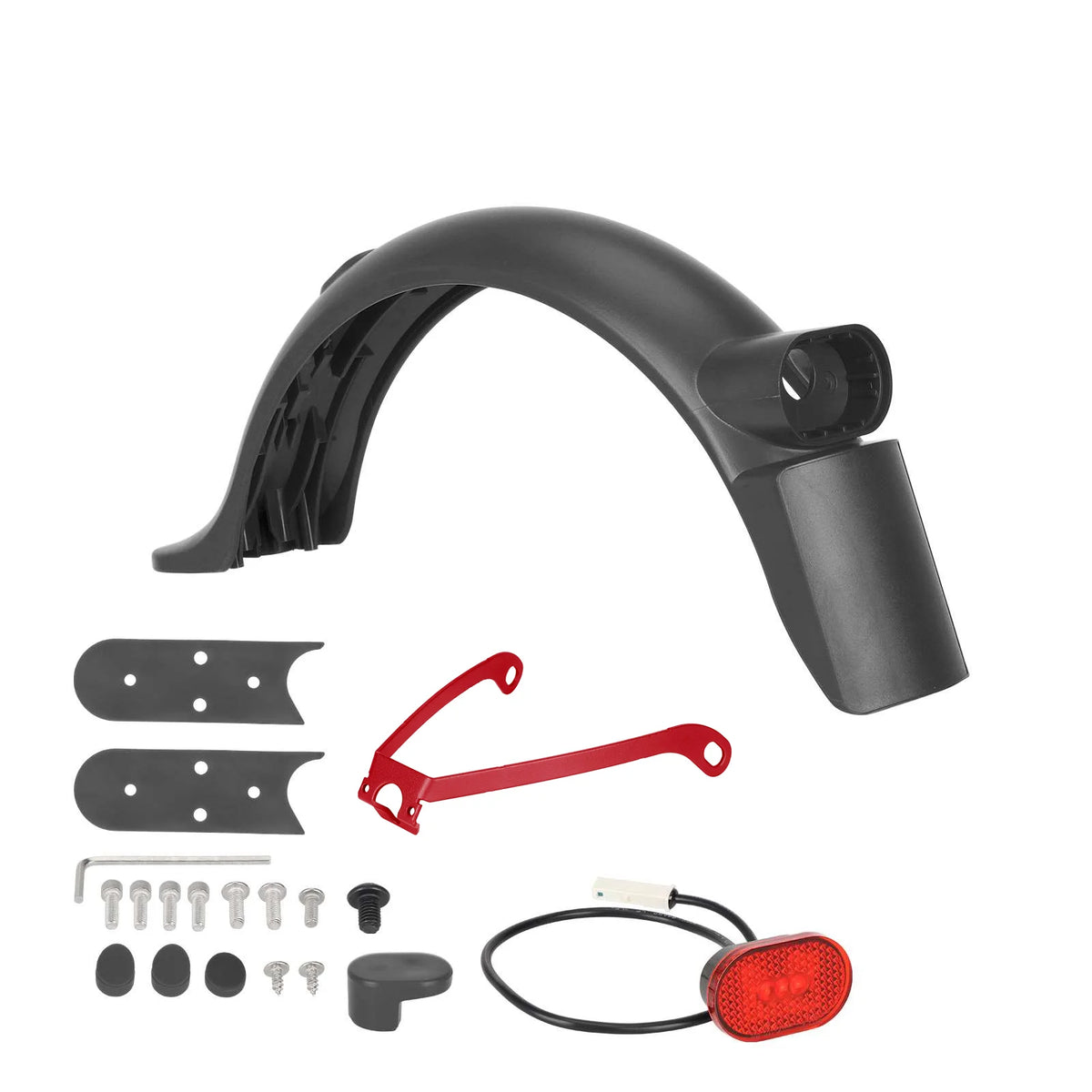 Kit garde-boue arrière avec support de renfort rouge, feu arrière et visserie sur fond blanc