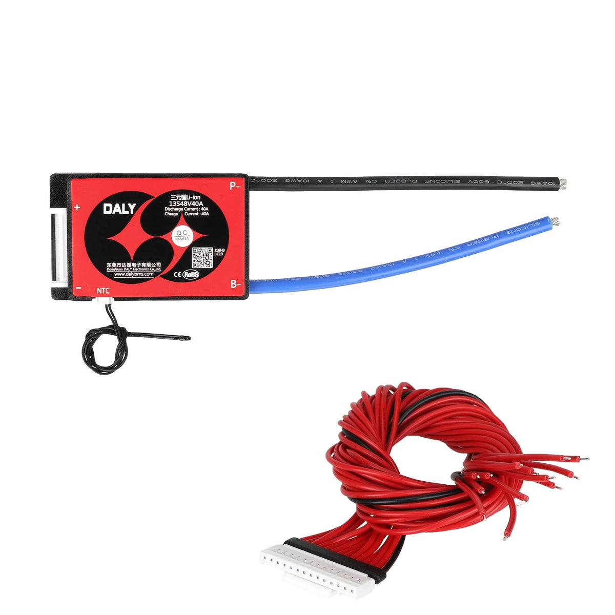 BMS Daly 13S 48V 40A rouge et noir avec son faisceau de câbles de équilibrage