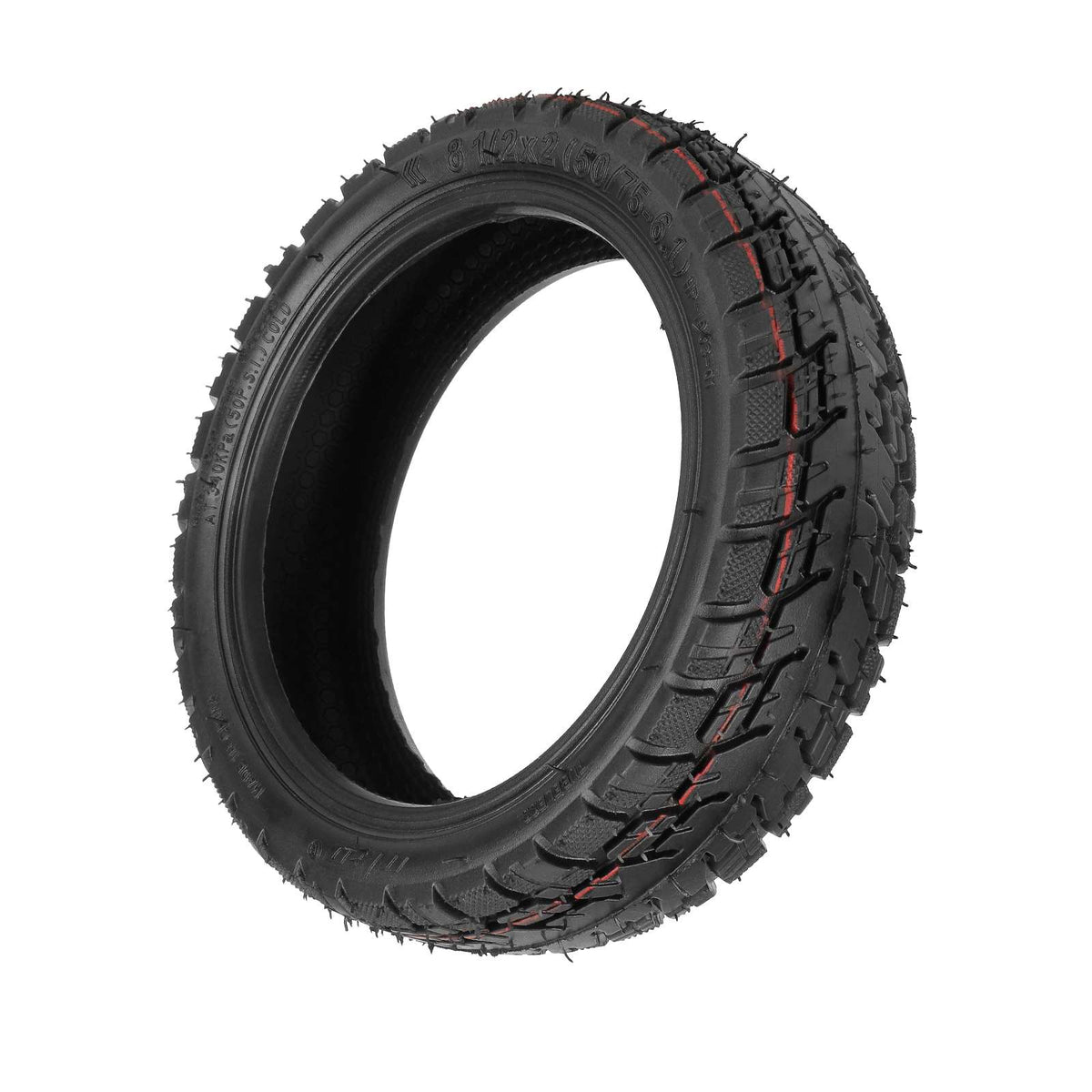 Pneu tubeless tout-terrain 8,5 pouces noir pour trottinette électrique vu en trois quarts