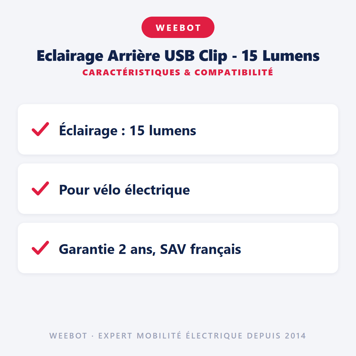 Eclairage Arrière USB Clip - 15 Lumens : caractéristiques et compatibilité