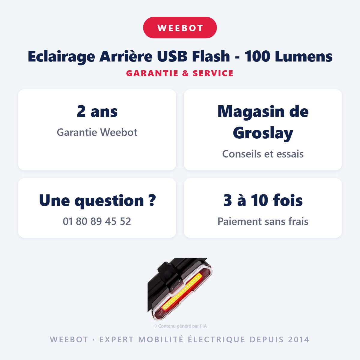 Eclairage Arrière USB Flash - 100 Lumens : garantie 2 ans et service après-vente
