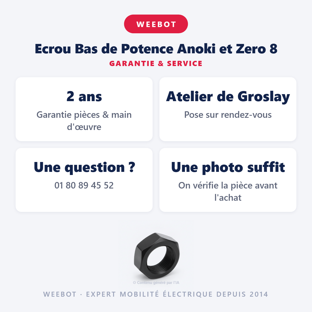 Ecrou Bas de Potence Anoki et Zero 8 : garantie 2 ans et service après-vente