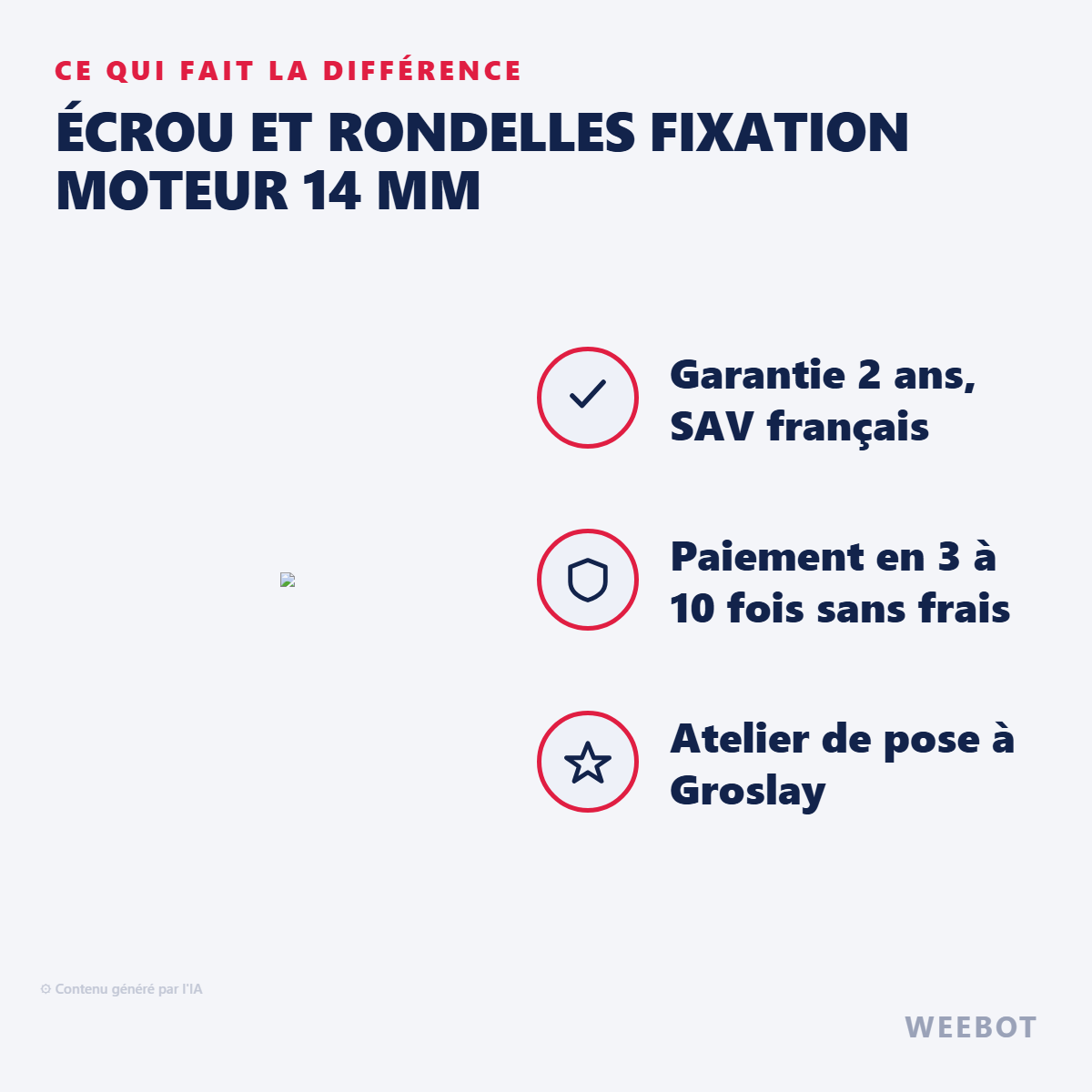 Écrou et Rondelles Fixation Moteur 14 mm : les points forts