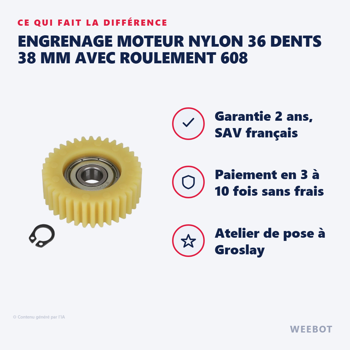 Engrenage Moteur Nylon 36 Dents 38 mm avec Roulement 608 : les points forts