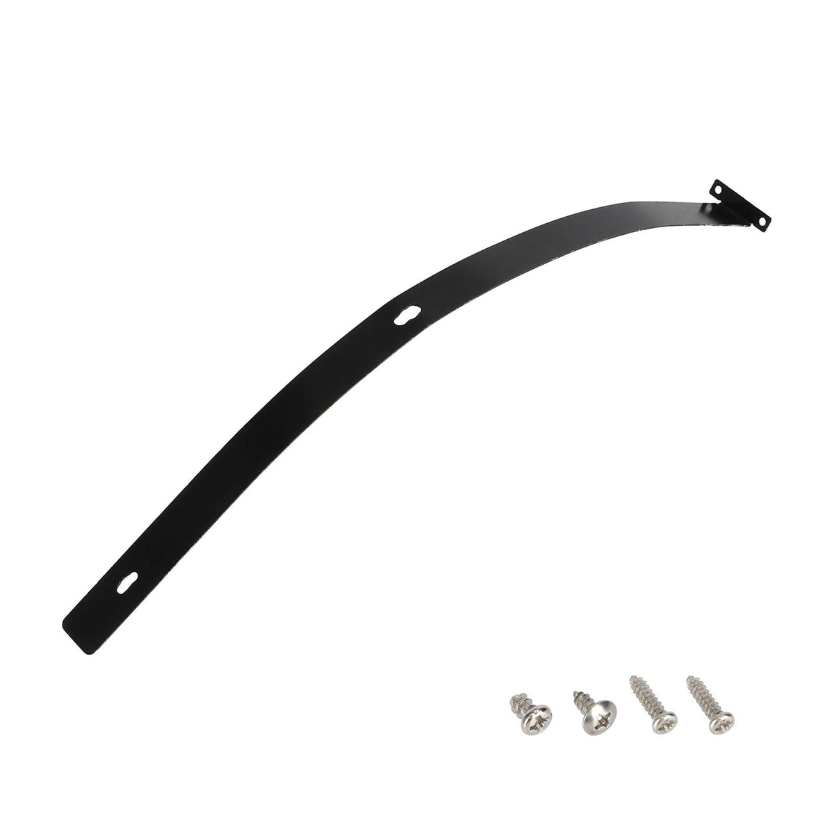 Tige métallique de renfort pour garde-boue arrière noire avec 4 vis fournie sur fond blanc