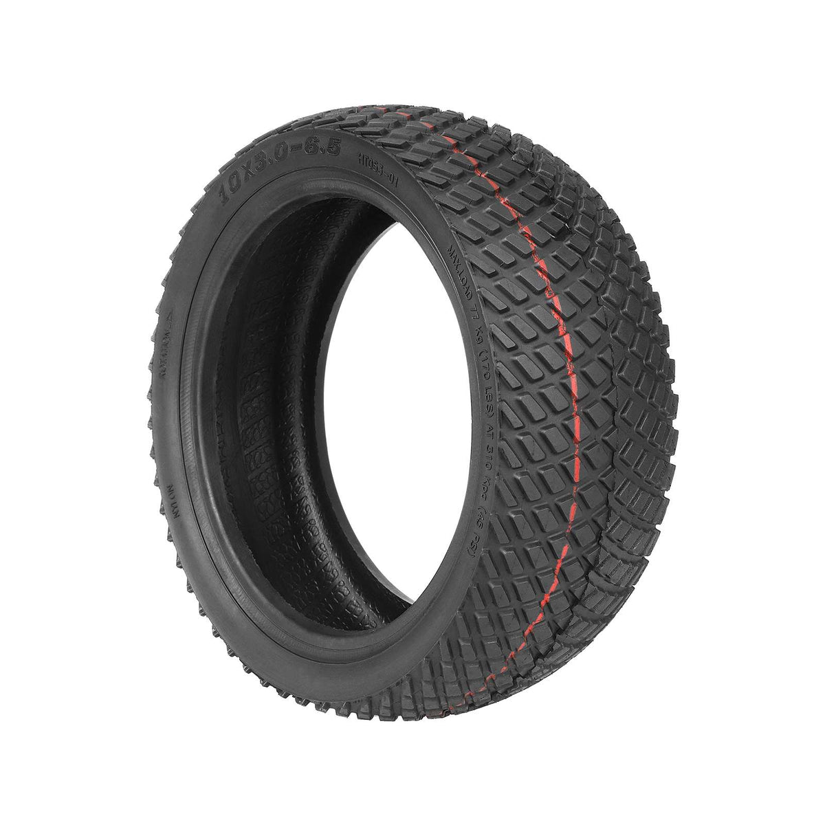 Pneu tubeless tout-terrain 10 pouces noir pour trottinette électrique vu de trois-quarts