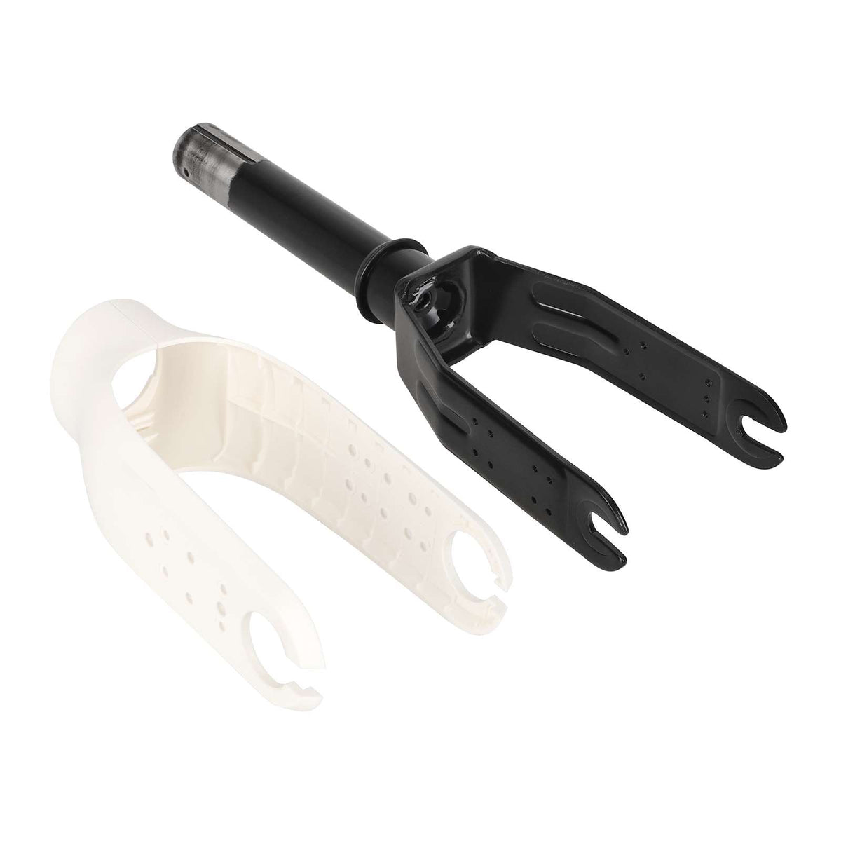Fourche avant noire pour trottinette électrique avec son cache en plastique blanc