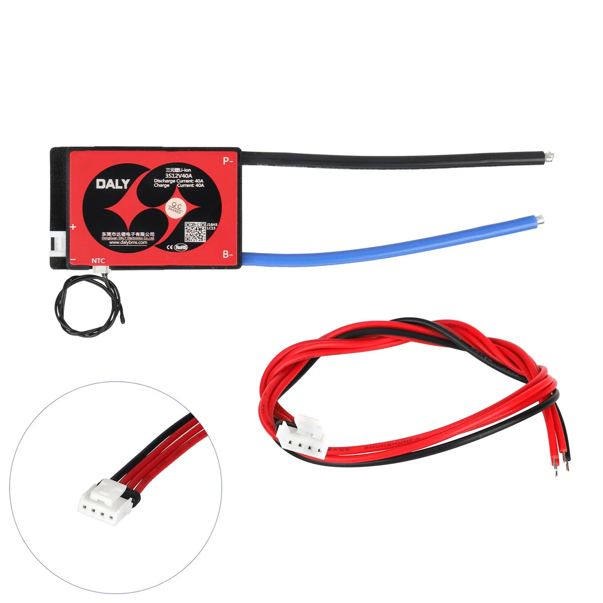 Carte BMS Daly 12V 40A 3S rouge et noire avec ses câbles de connexion