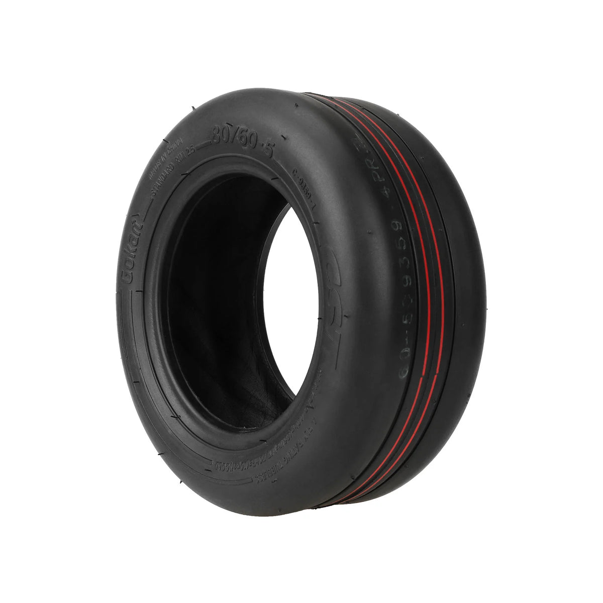 Pneu tubeless CST 10 pouces noir avec bandes rouges vu de trois-quarts