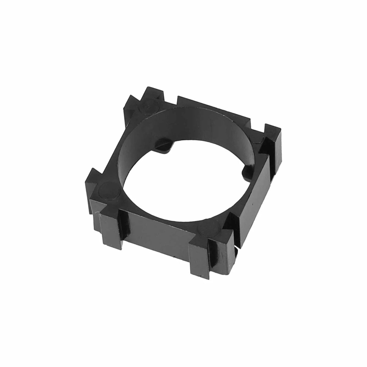 Support en plastique noir pour cellule de batterie 18650 vu de trois quarts