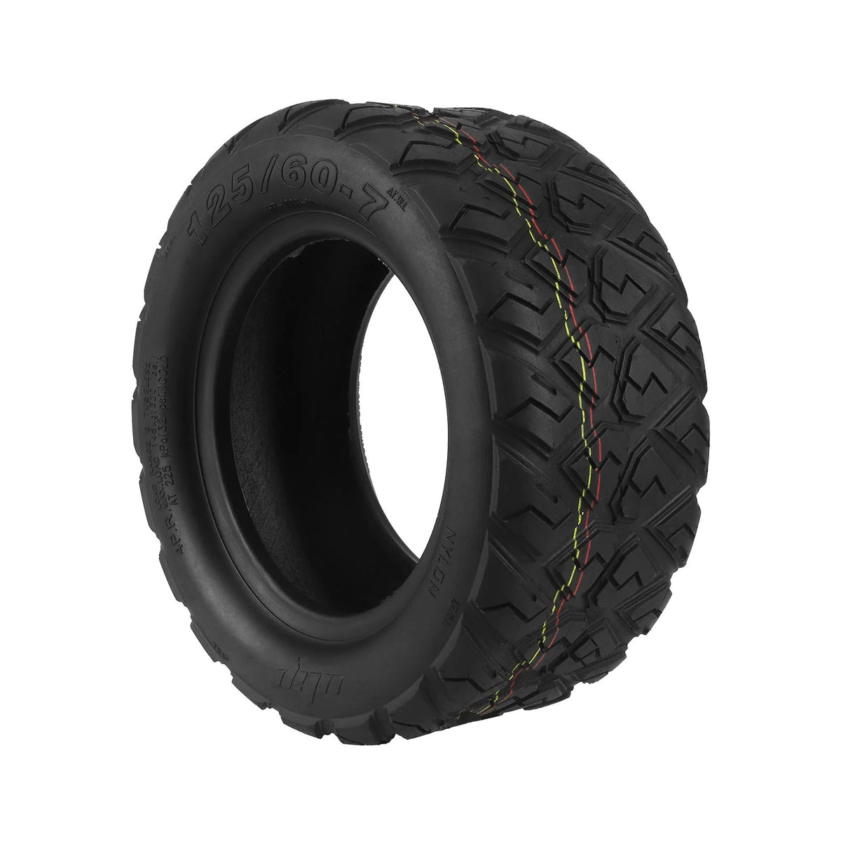 Pneu tubeless tout-terrain noir de 13 pouces vu de trois-quarts