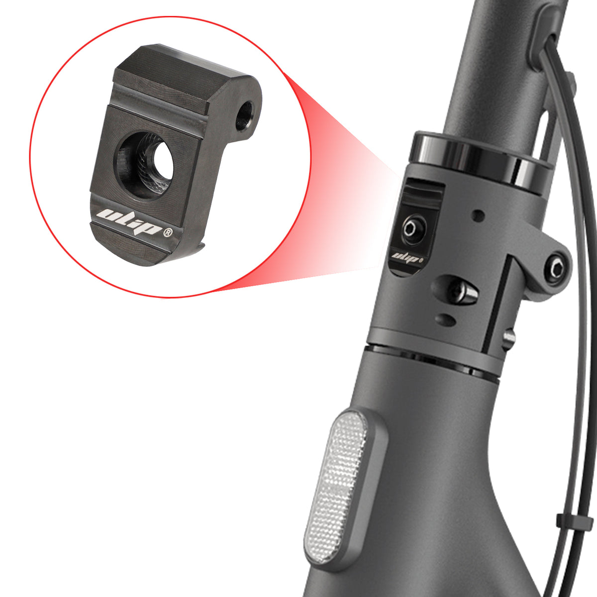 Boucle de pliage noire en acier inoxydable montée sur la potence d'une trottinette électrique