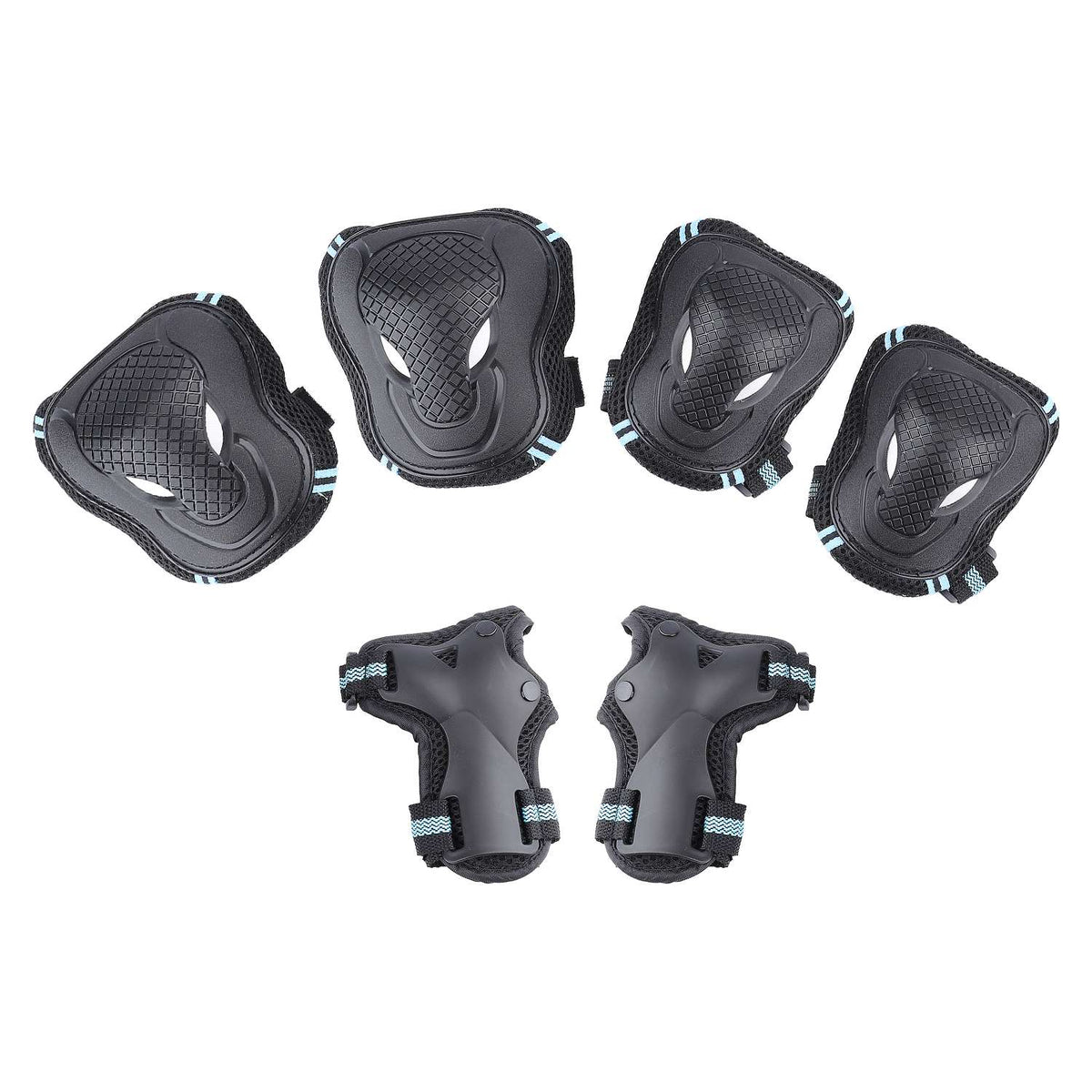 Ensemble de protections noires avec liseré bleu comprenant genouillères, coudières et protège-poignets