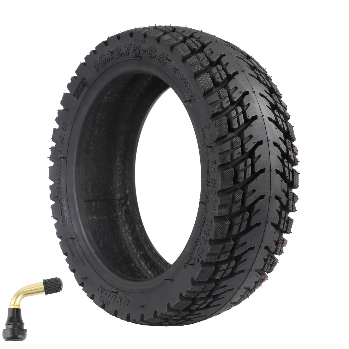 Pneu tubeless tout-terrain 10 pouces noir avec valve tubeless coudée