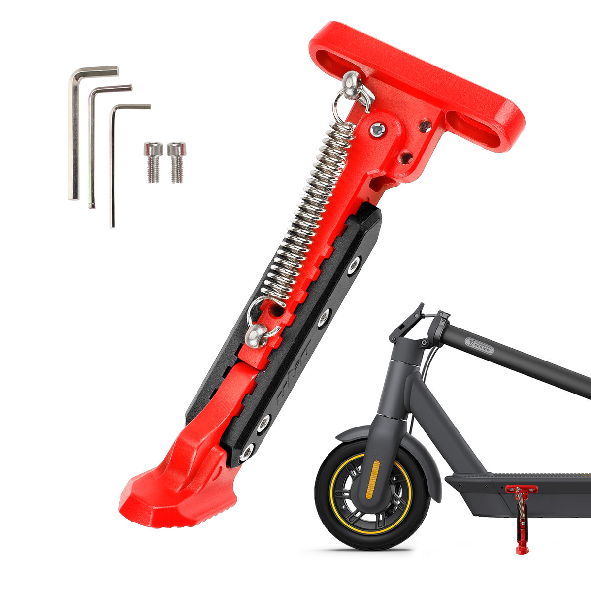 Béquille réglable rouge et noire pour trottinette électrique avec ses clés de montage
