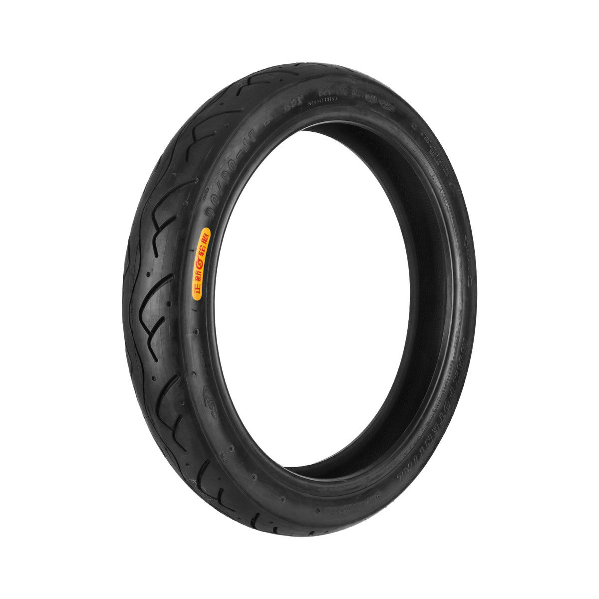 Pneu tubeless CST 17 pouces 90/90-17 noir vu de trois-quarts