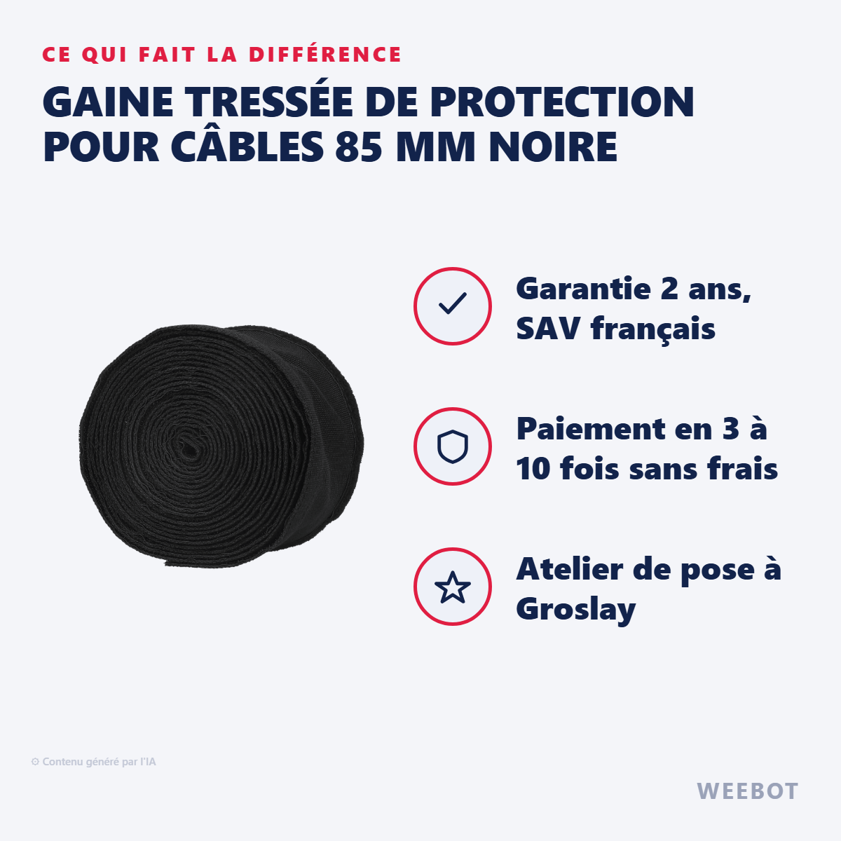 Gaine Tressée de Protection pour Câbles 85 mm Noire : les points forts