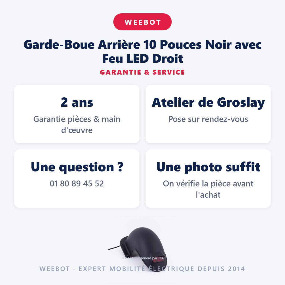 Garde-Boue Arrière 10 Pouces Noir avec Feu LED Droit : garantie 2 ans et service après-vente