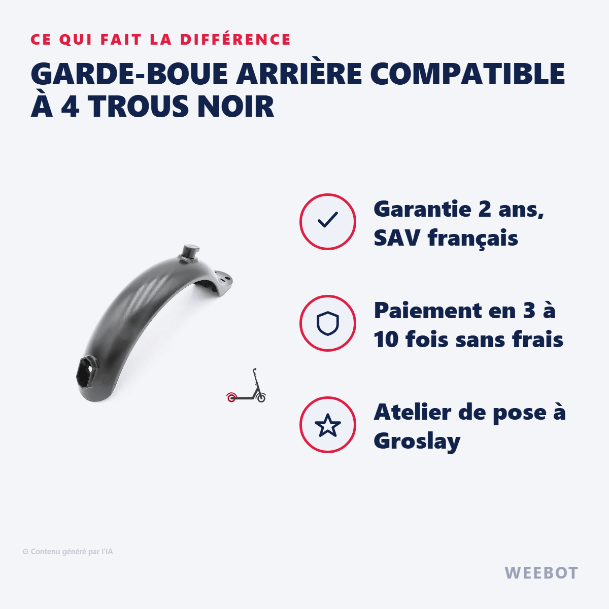 Garde-boue arrière compatible à 4 trous Noir pour Trottinette Électrique Xiaomi - Weebot