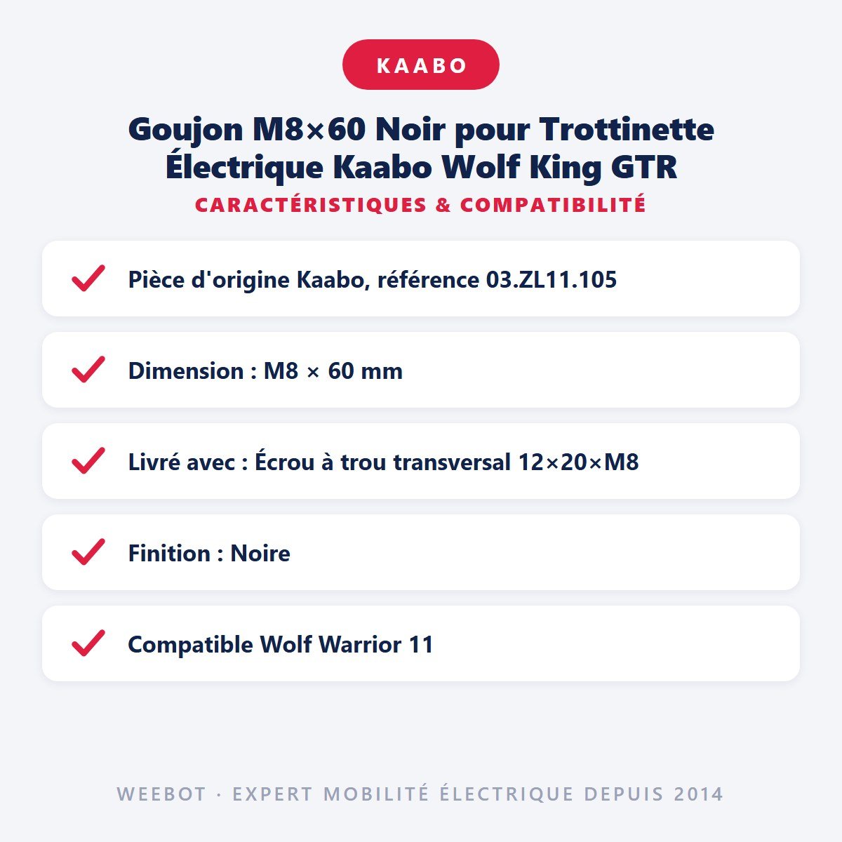 Goujon M8×60 Noir pour Trottinette Électrique Kaabo Wolf King GTR - Weebot