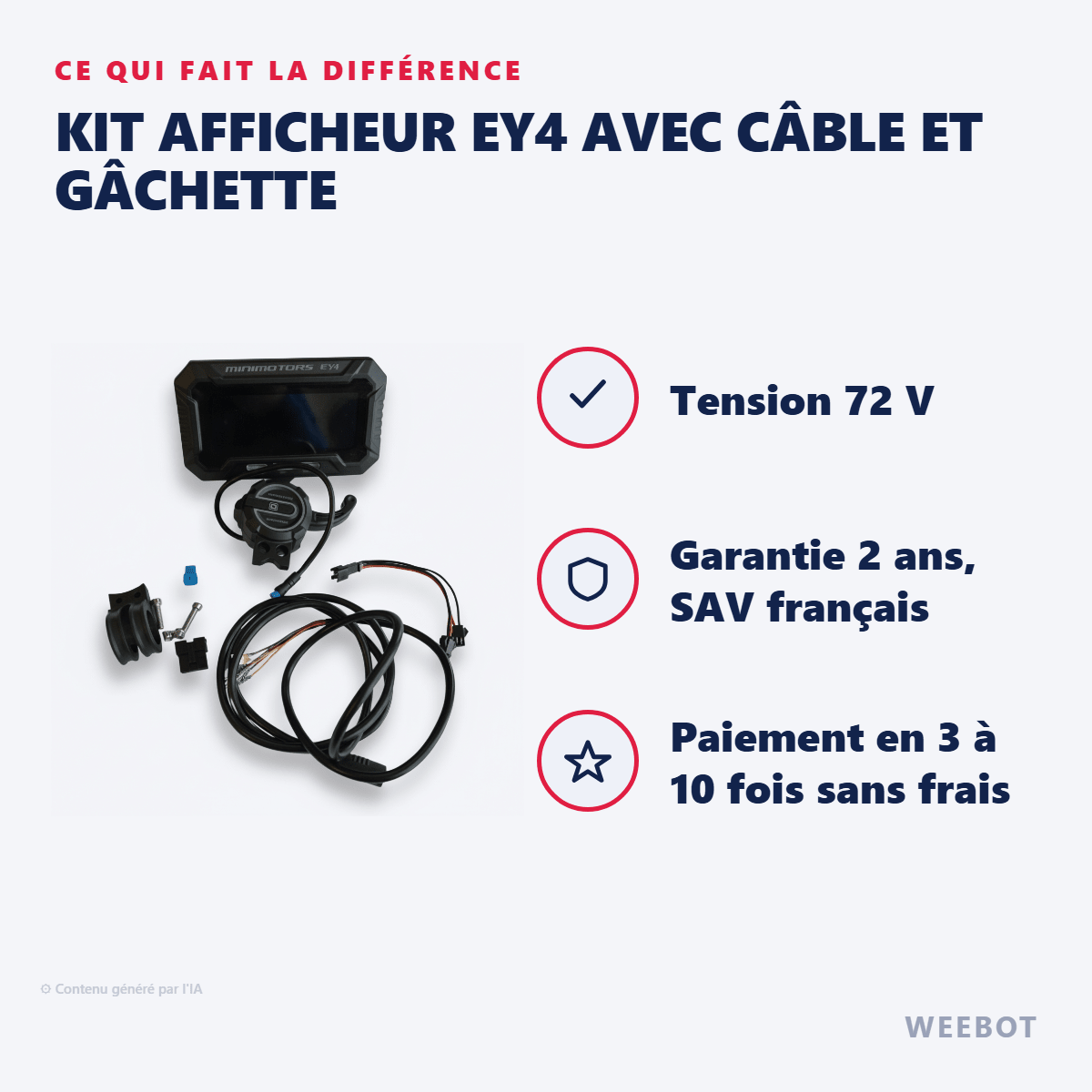 Kit Afficheur EY4 (Bluetooth) avec Câble et Gâchette pour Trottinette Electrique Dualtron Minimotors Jusqu'à 72V - Nouvelle Connectique Bleu - Weebot