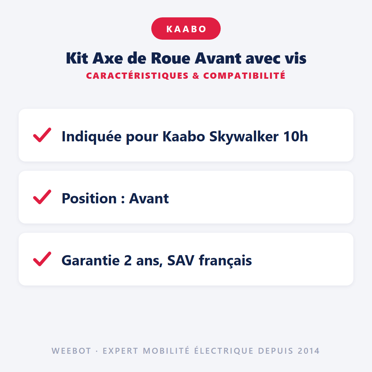 Kit Axe de Roue Avant avec vis : caractéristiques et compatibilité