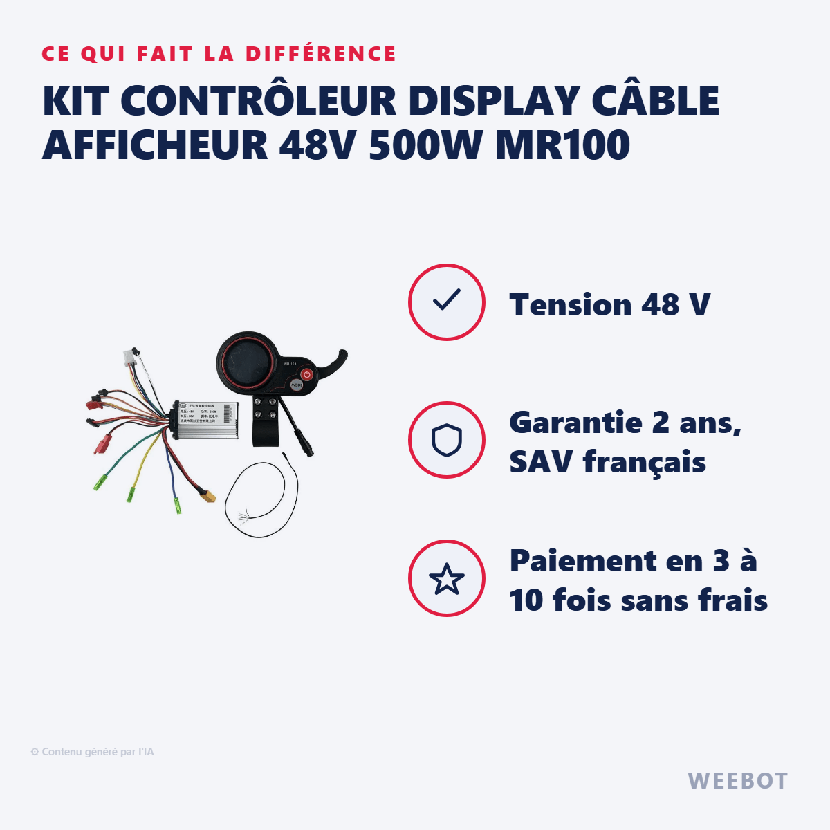 Kit Contrôleur Display Câble Afficheur 48V 500W MR100 pour Trottinette Électrique - Weebot