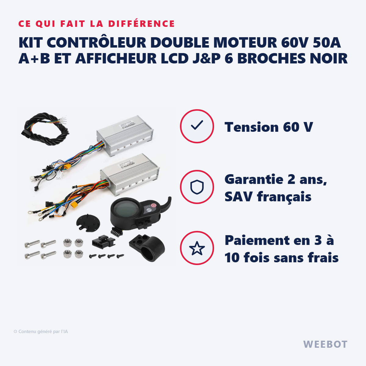 Kit Contrôleur Double Moteur 60V 50A A+B et Afficheur LCD J&P 6 Broches Noir : les points forts