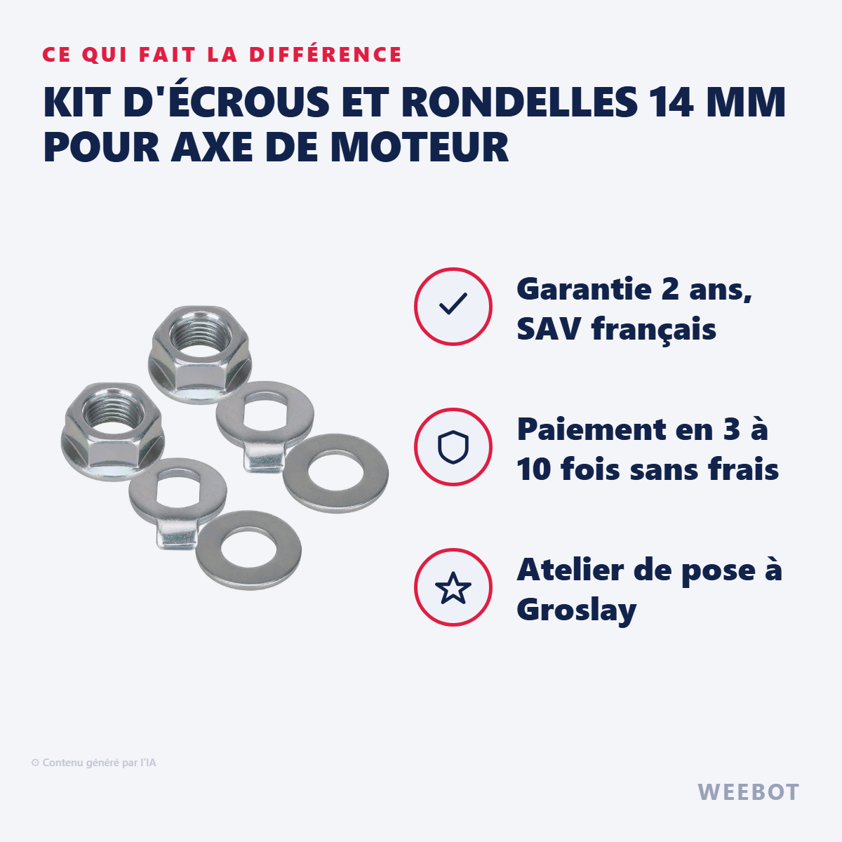 Kit d'Écrous et Rondelles 14 mm pour Axe de Moteur : les points forts