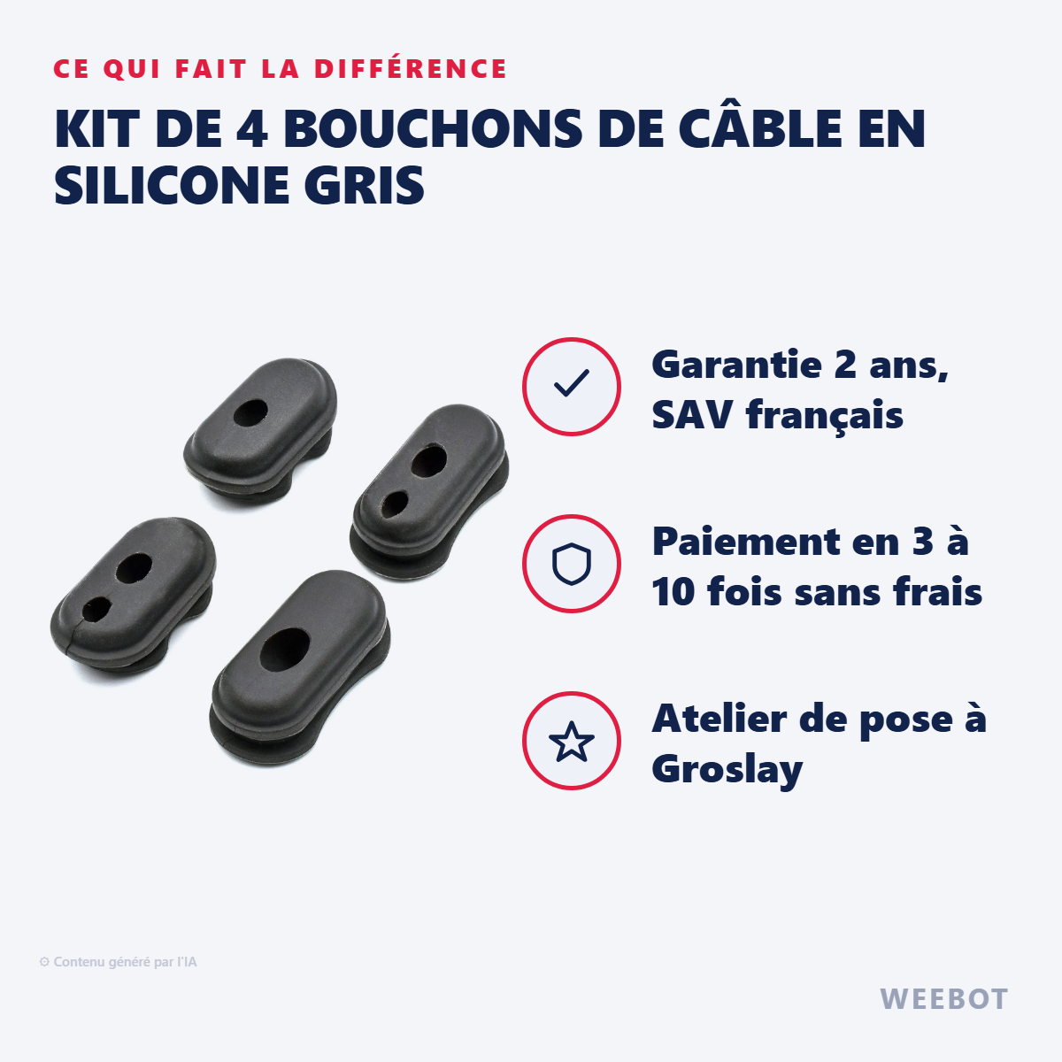 Kit de 4 Bouchons de Câble en Silicone Gris : les points forts