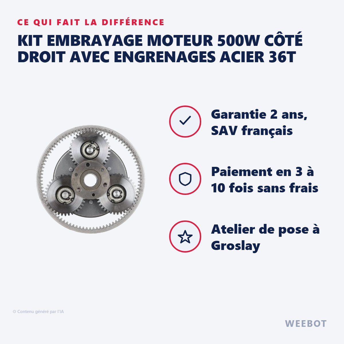 Kit Embrayage Moteur 500W Côté Droit avec Engrenages Acier 36T : les points forts