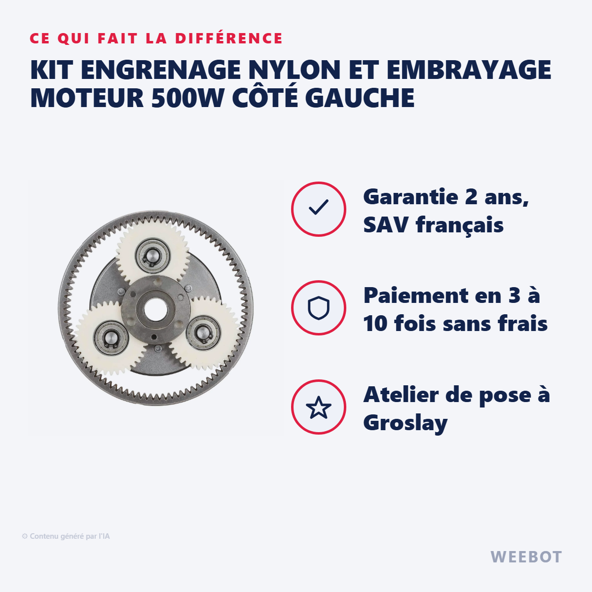 Kit Engrenage Nylon et Embrayage Moteur 500W Côté Gauche : les points forts