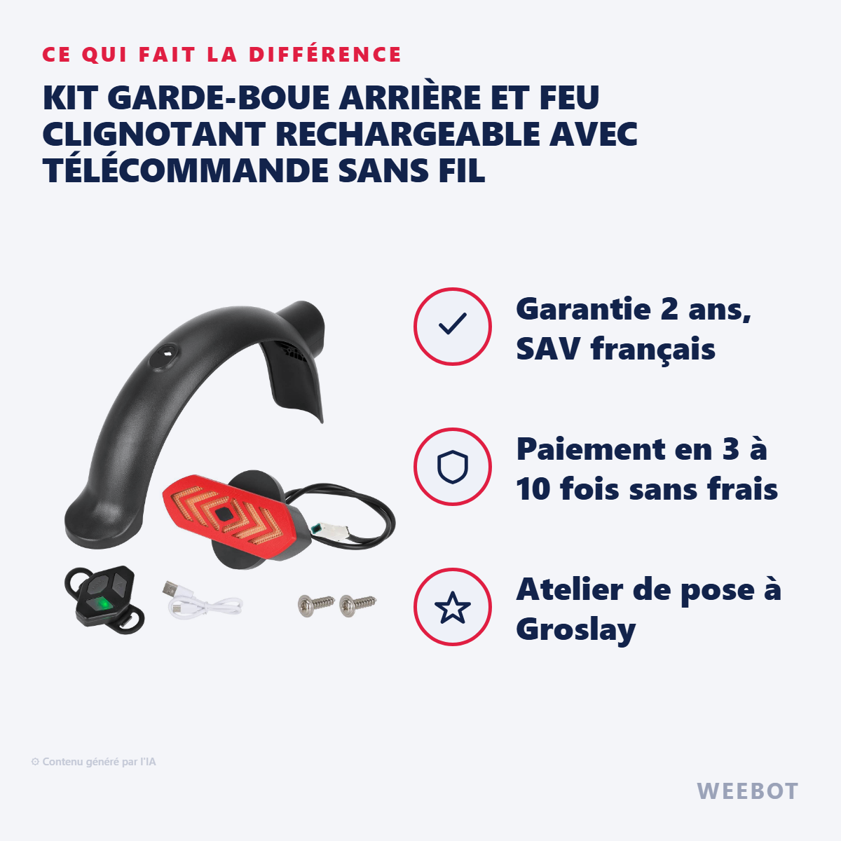 Kit Garde-Boue Arrière et Feu Clignotant Rechargeable avec Télécommande Sans Fil : les points forts