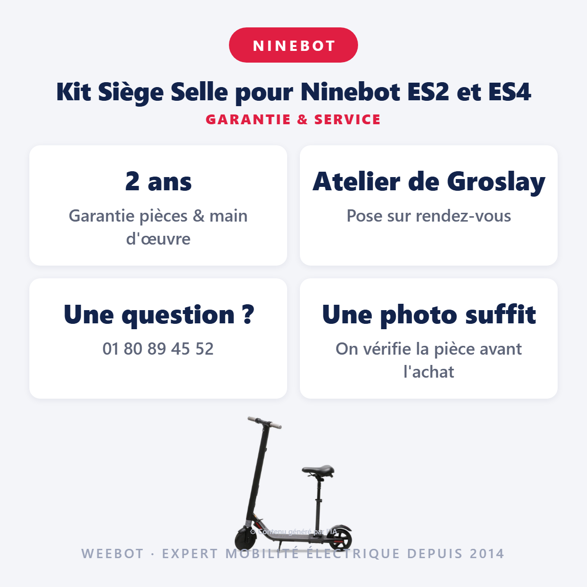 Kit Siège Selle pour Ninebot ES2 et ES4 : garantie 2 ans et service après-vente