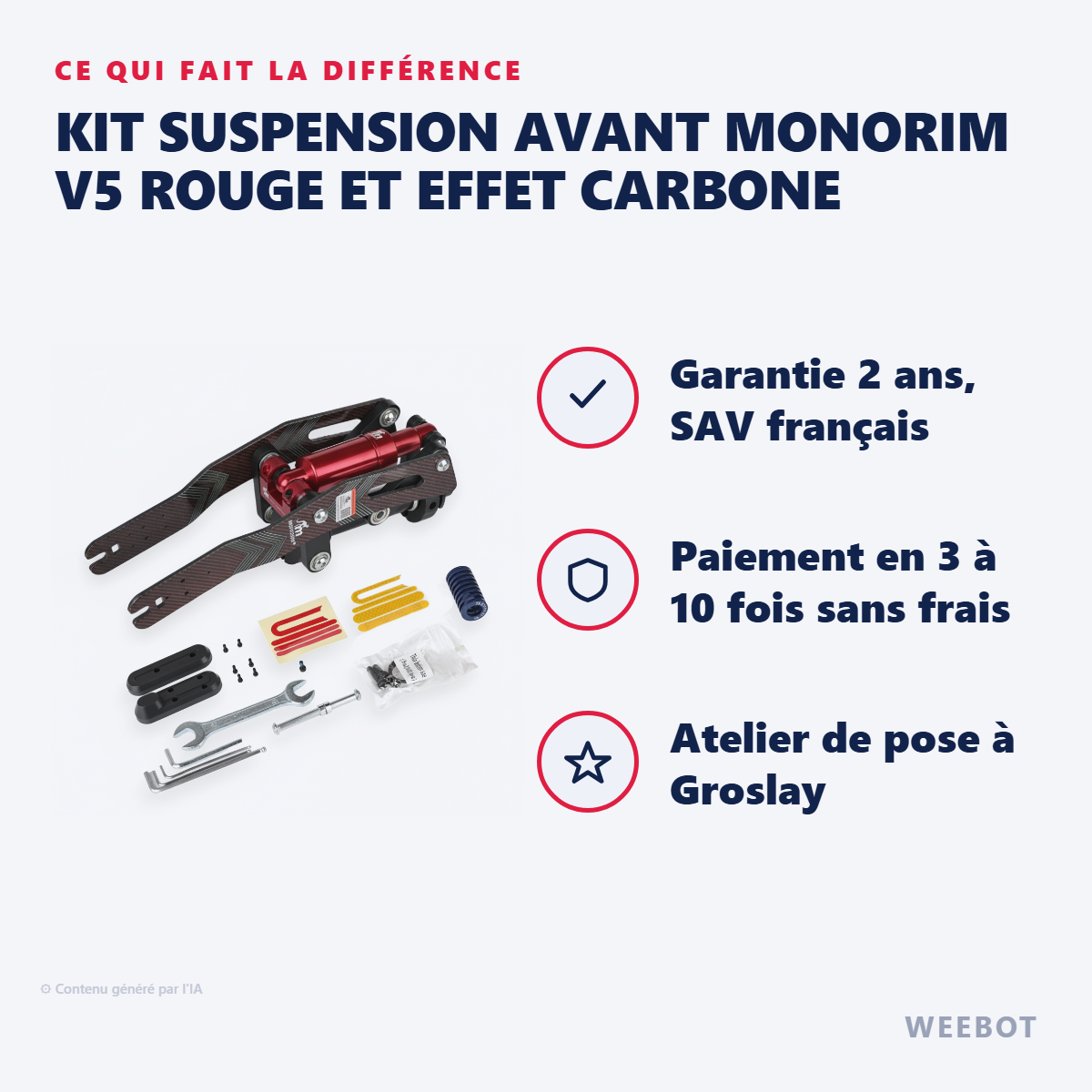 Kit Suspension Avant Monorim V5 Rouge et Effet Carbone : les points forts