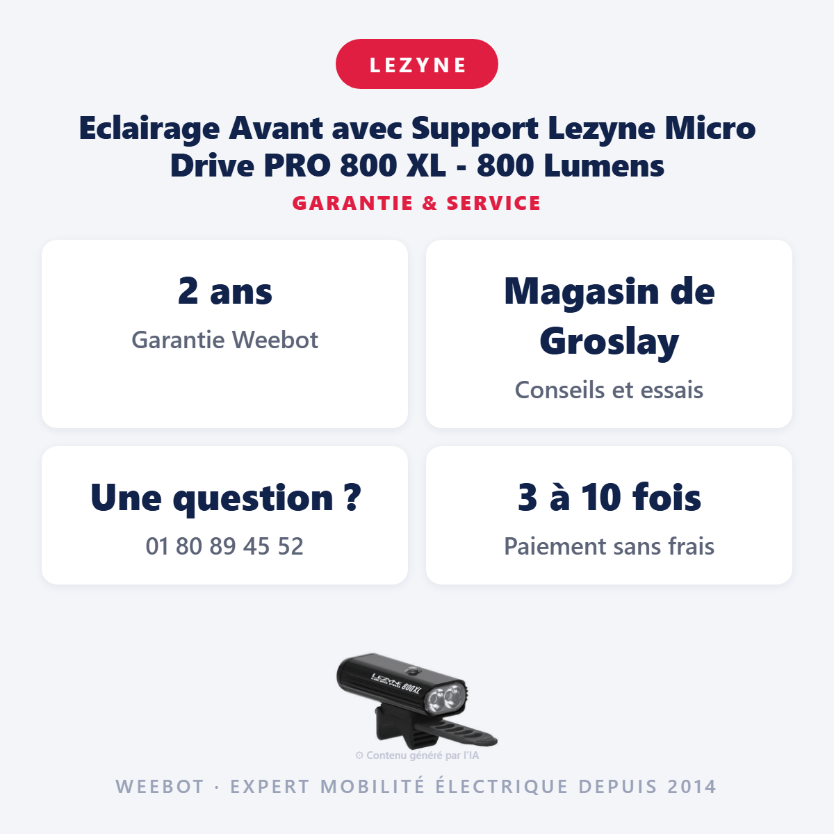 Eclairage Avant avec Support Lezyne Micro Drive PRO 800 XL - 800 Lumens : garantie 2 ans et service après-vente