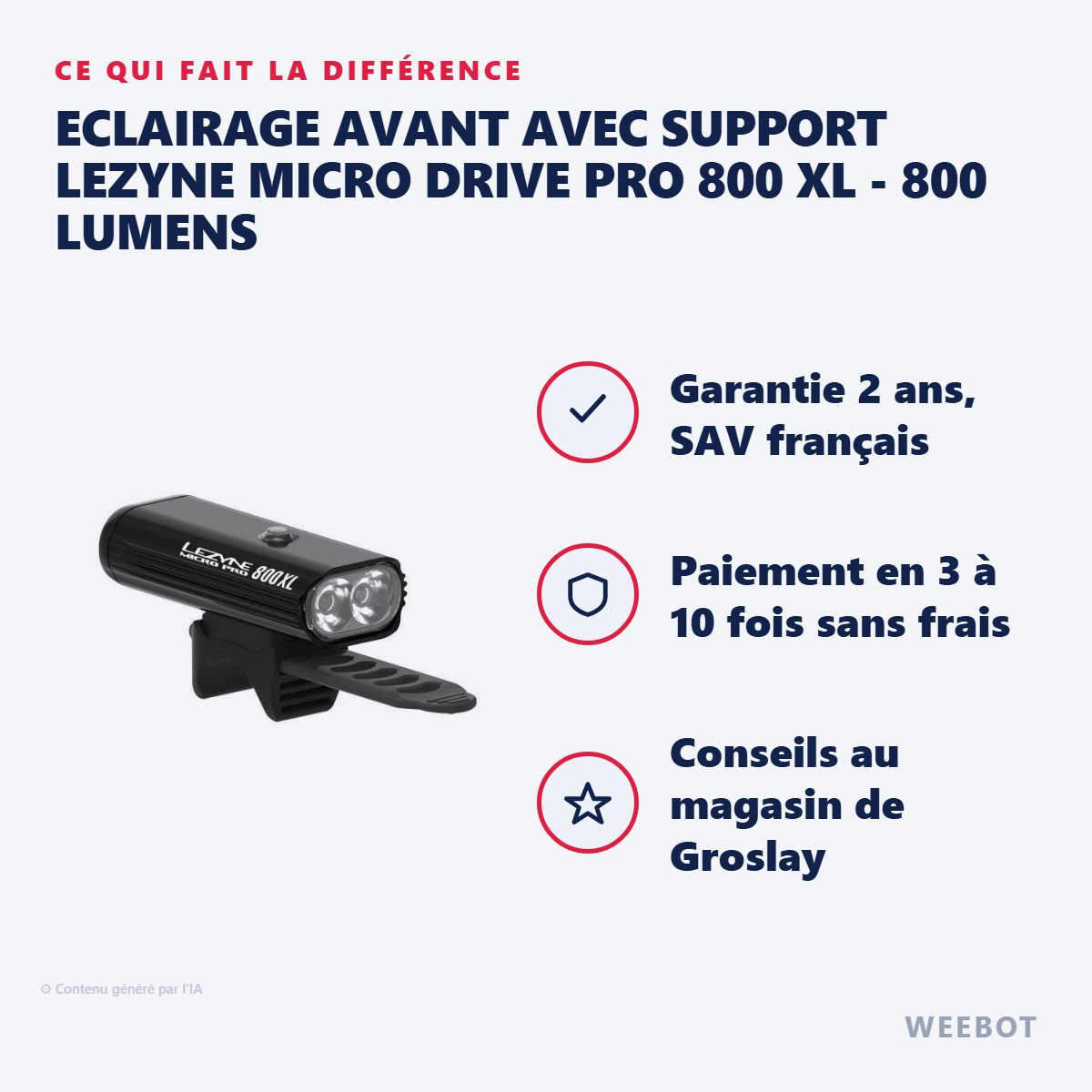 Eclairage Avant avec Support Lezyne Micro Drive PRO 800 XL - 800 Lumens : les points forts