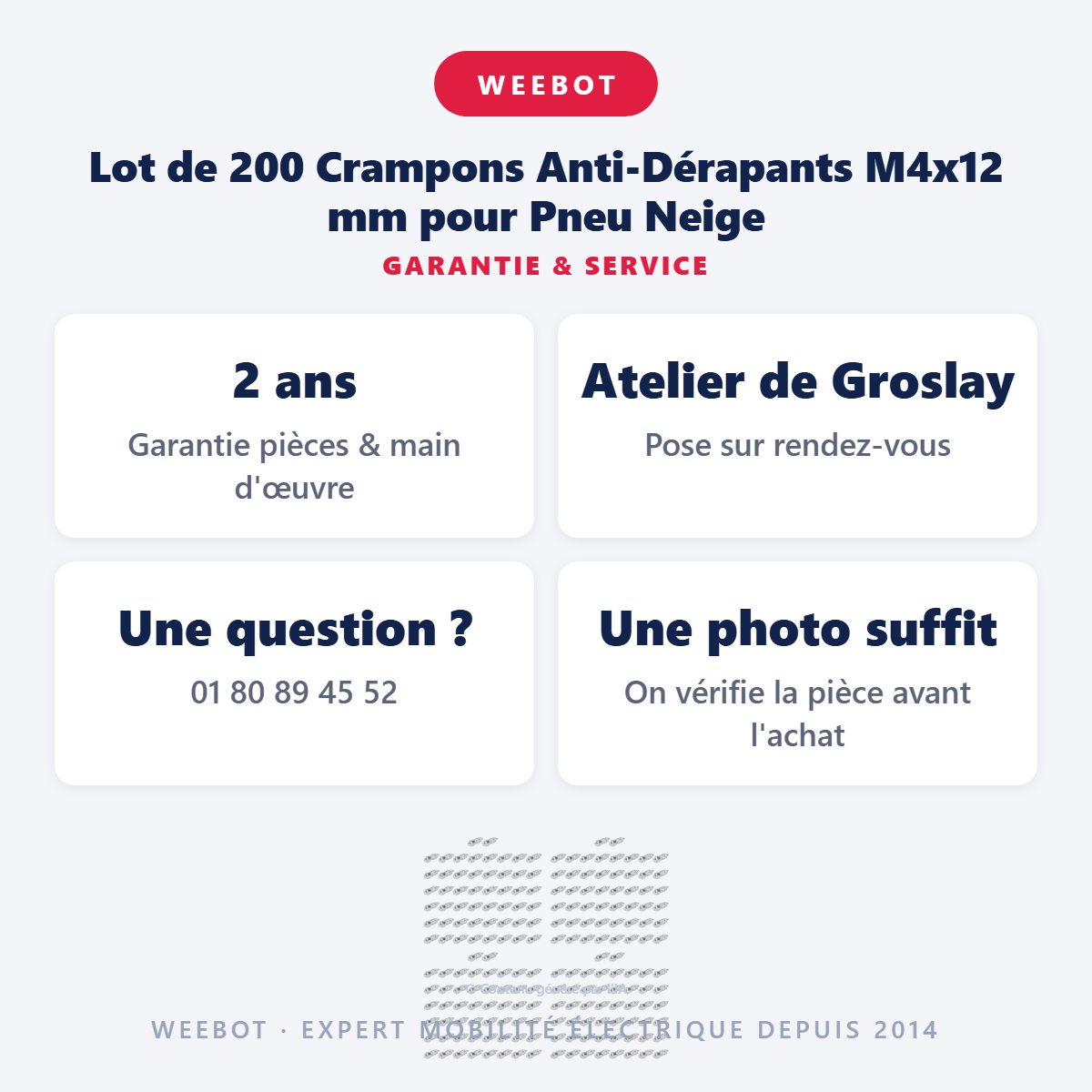Lot de 200 Crampons Anti-Dérapants M4x12 mm pour Pneu Neige : garantie 2 ans et service après-vente