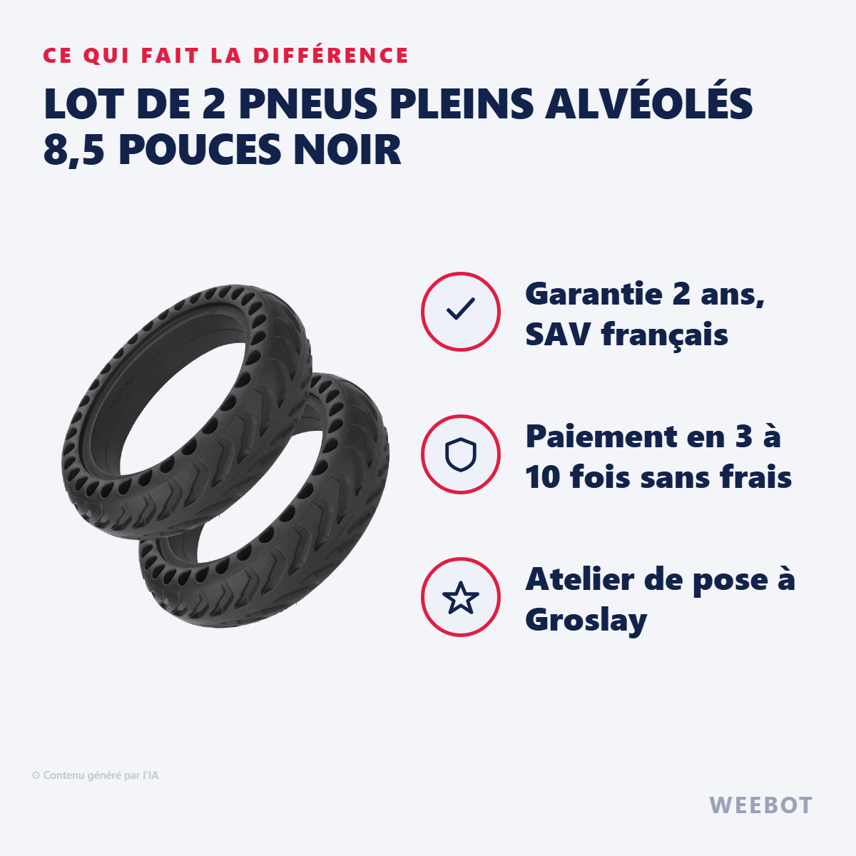Lot de 2 Pneus Pleins Alvéolés 8,5 Pouces Noir : les points forts