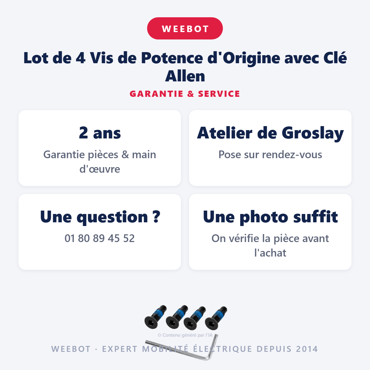 Lot de 4 Vis de Potence d'Origine avec Clé Allen : garantie 2 ans et service après-vente