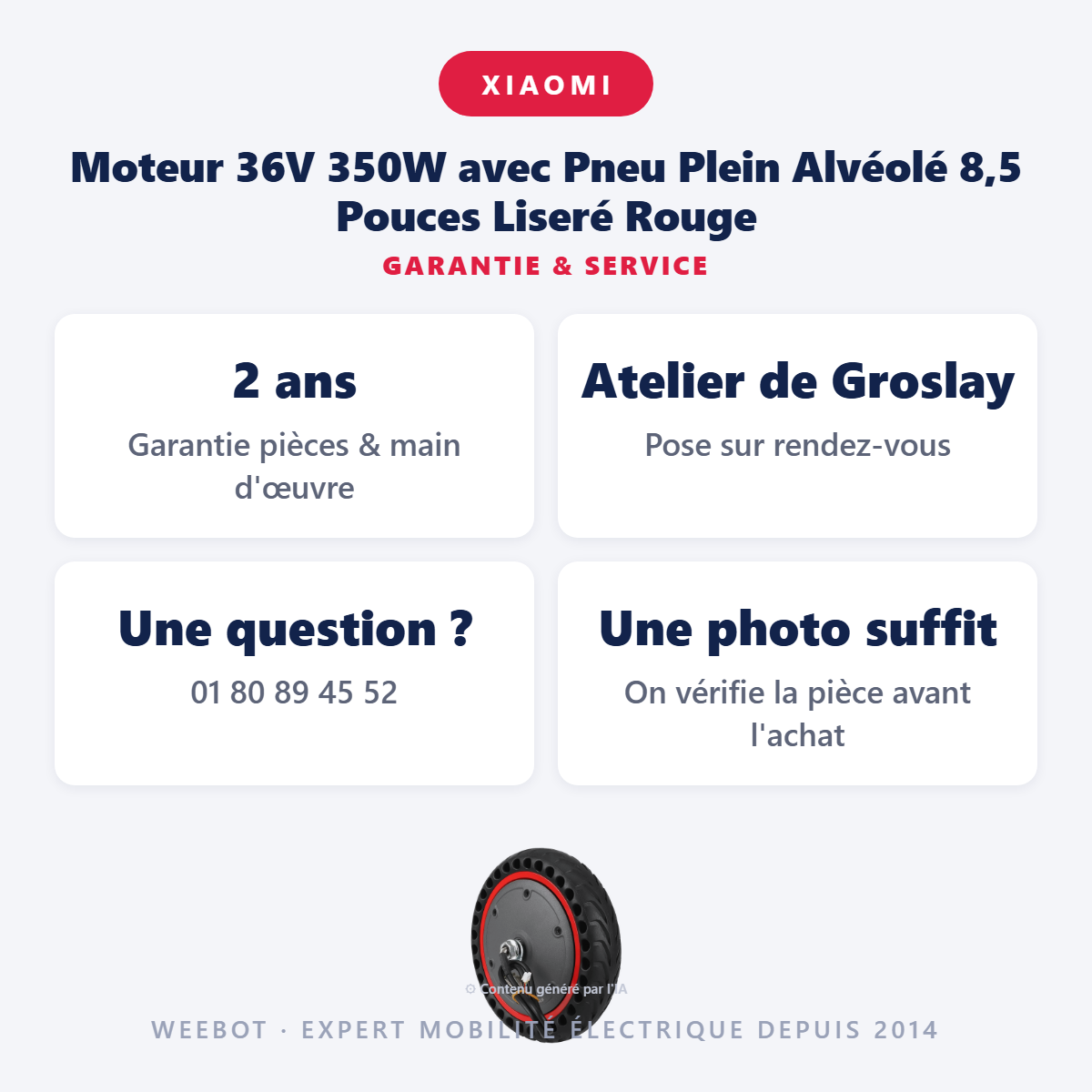 Moteur 36V 350W avec Pneu Plein Alvéolé 8,5 Pouces Liseré Rouge : garantie 2 ans et service après-vente