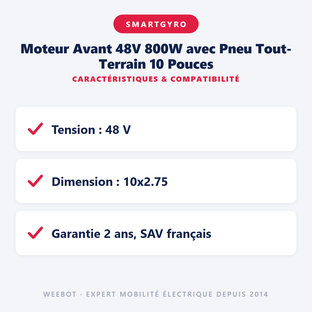 Moteur Avant 48V 800W avec Pneu Tout-Terrain 10 Pouces : caractéristiques et compatibilité