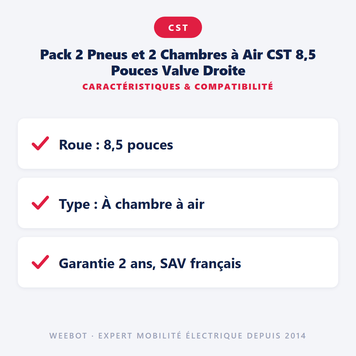 Pack 2 Pneus et 2 Chambres à Air CST 8,5 Pouces Valve Droite : caractéristiques et compatibilité